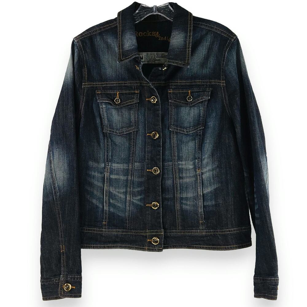 Rocks & Indigo Stretch Denim Trucker Jacket M Dark Wash Western‎ Y2K Layering